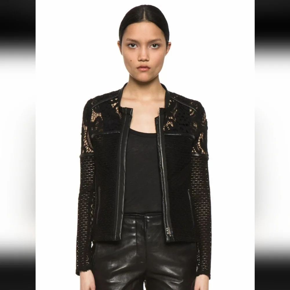 💋DESIGNER Iro Lewis💋. Black Leather and Lace Crochet Jacket Size XS Blazer - Picture 7 of 11